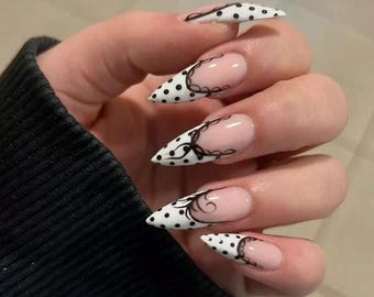 White Polka Dot Lace Press On Nails Long Stiletto, Handmade Gothic Vine French Fake Set, Dark Coquette for Birthday Party
