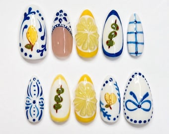 Mediterranean Lemon Olive Press On Nails, Hand Painted 3D Gel Art Summer Nails