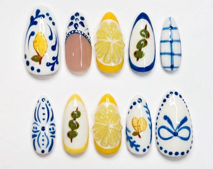 Mediterranean Lemon Olive Press On Nails, Hand Painted 3D Gel Art Summer Nails