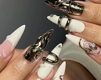 Luxury Sculpted Chrome Press On Nails | Nude Pink & Ivory 3D Gold Metal Design | Handmade Long Stiletto Statement Nails