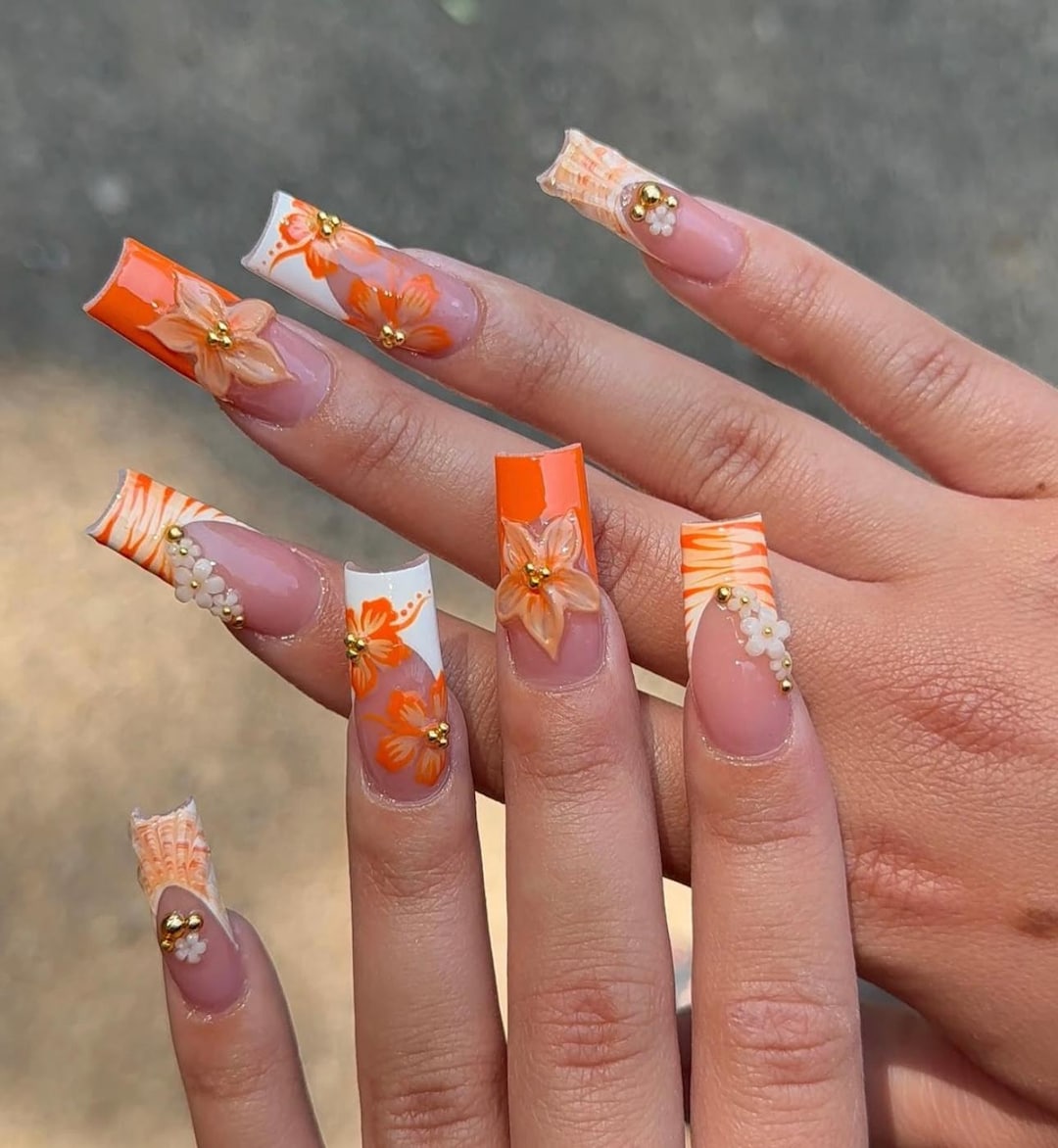 Orange French Tip Press on Nails: Y2K Zebra Flower, Long Square