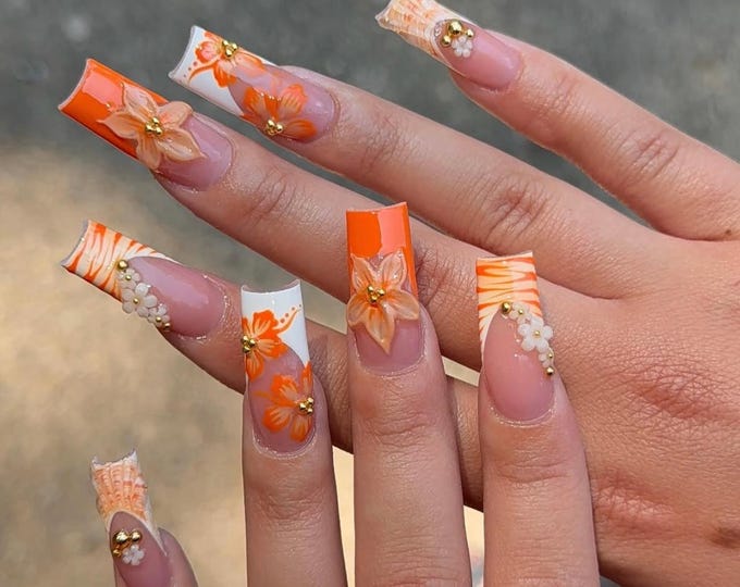 Orange French Tip Press On Nails: Y2K Zebra Flower, Long Square Handmade Nail Set