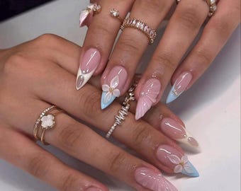 Pastel Almond Press On Nails: 3D Flowers & Pearl Details, Handmade Nail Art