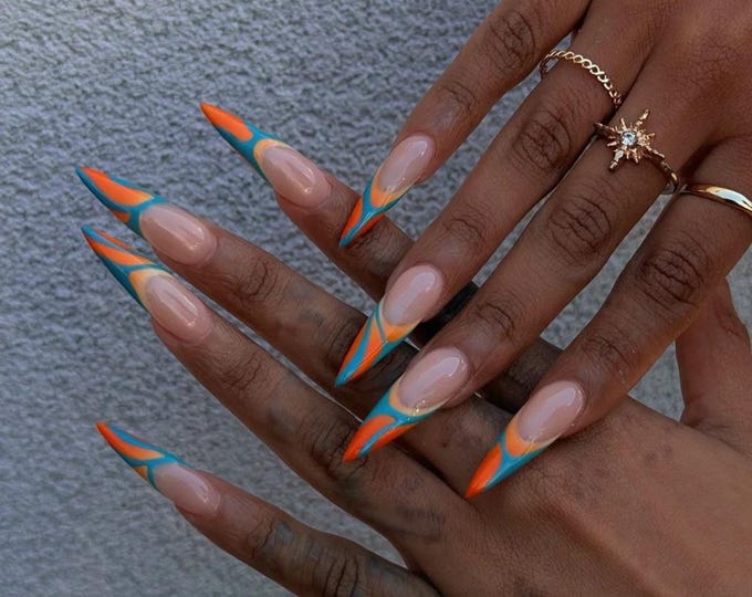 Orange Blue Swirl French Press On Nails Long Stiletto/Abstract French Tips/Summer Y2K Nails/Retro Sunset Baddie/Handmade Fake Nails