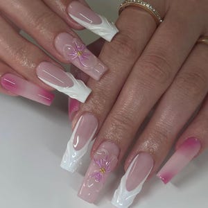 Press on Nails | Square Nails, French Tip Nails, 3D Glazed Nails, Luxury Custom Nails, Soft Color Nails, White French Nails, Pink Nails