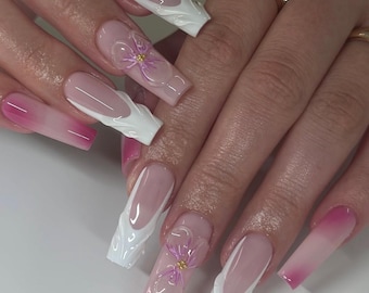 3D Flower Press On Nails: Square French Tip, Luxury Handmade Gel