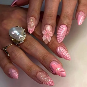 Press on Nails |  Pink 3D Floral Nails, Sugar Pink Summer Tip, Medium Almond Handmade Press Ons, Pearl Powder with 3D Flower Design Nails
