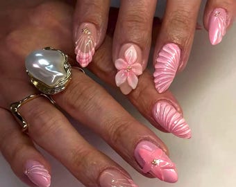 3D Floral Press On Nails: Pink Almond Sugar Tip, Handmade