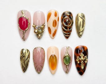 Vintage Baroque Gemstone Press On Nails Almond, Handmade Gold 3D Tortoise Fake Nails, Gothic Y2K Nails, Luxury Boho Nails for Everyday