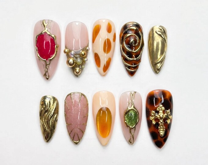 Vintage Baroque Gemstone Press On Nails Almond, Handmade Gold 3D Tortoise Fake Nails, Gothic Y2K Nails, Luxury Boho Nails for Everyday