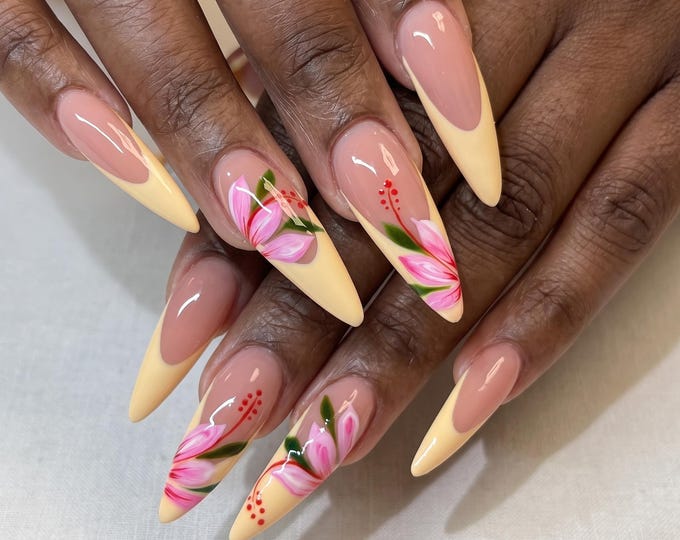 Butter Yellow Floral French Press On Nails Long Stiletto, Handmade Hibiscus Painted Fake Set, Tropical Summer for Birthday Vacation