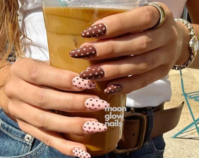 Pink and Chocolate Brown Long Almond Press On Nails, Retro Two Tone Polka Dot Design