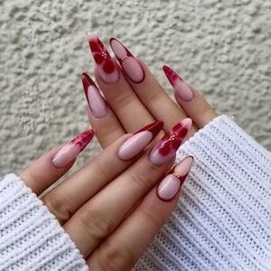 Red Floral French Press On Nails: Elegant Summer Nail Set