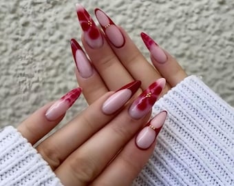 Red Floral Design Nails, French Tips,  Press On Nails: Long Almond Nail Set, Elegant / Luxury Nails