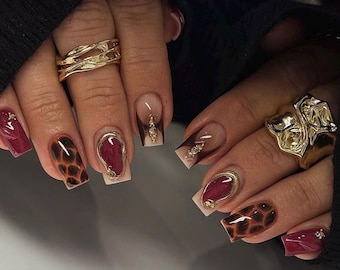 Burgundy Leopard Press On Nails | Gold Frame Luxury Nails | Fall Statement Square Nails | Handmade Glam Set