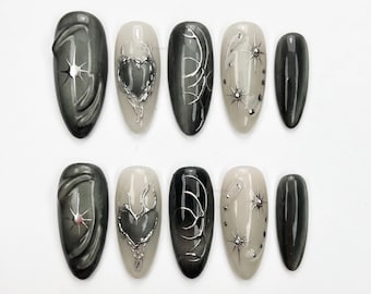 Black Cat Eye Spider Web Press On Nails Long Almond Nails, Handmade 3D Silver Chrome Heart Fake Nails, Gothic Y2K Nails for Halloween