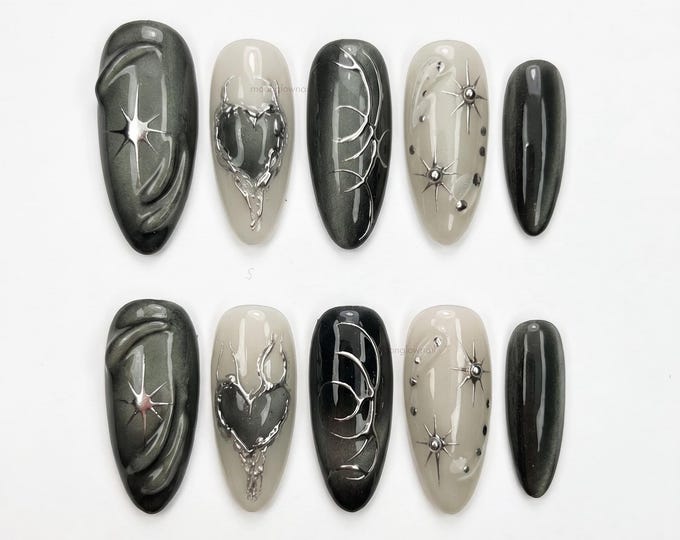 Black Cat Eye Spider Web Press On Nails Long Almond Nails, Handmade 3D Silver Chrome Heart Fake Nails, Gothic Y2K Nails for Halloween