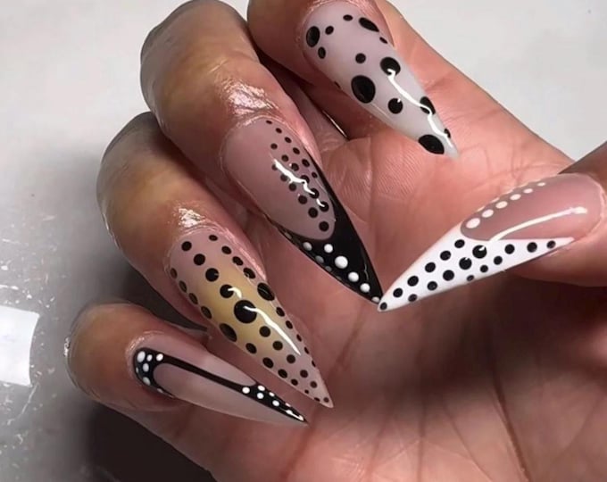 Dalmatian Polka Dot Press On Nails Long Stiletto, Handmade Monochrome Abstract French Fake Nails, Y2K Graphic Nail Art for Birthday Party
