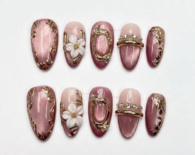 Pink Baroque Cat Eye Press On Nails Medium Almond Nails | Handmade 3D Gold Floral Nails | Romantic Bridal Wedding Nails | Gift for Her