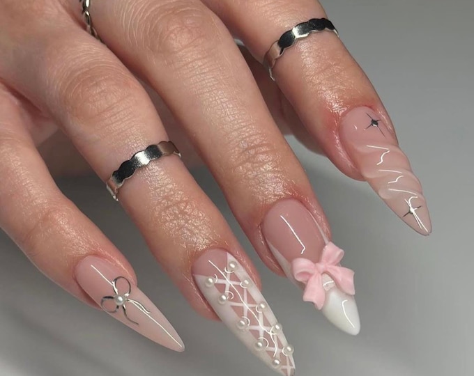 Pink Ribbon Stiletto Press On Nails: Chrome Star Y2K False Nails