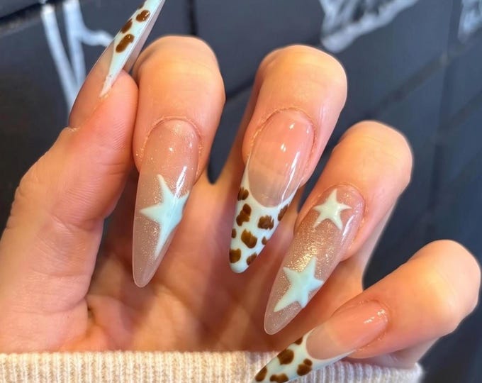 Cow Print Y2K Star French Press On Nails Long Almond, Handmade Coastal Cowgirl Glazed Fake Nails Set, Y2K Western Nails for Birthday Summer
