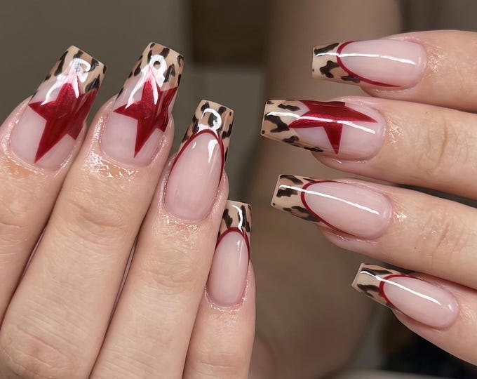 Leopard Red Star French Press On Nails Long Coffin, Handmade Y2K Western Animal Print Fake Nails, Baddie Cowgirl Nails for Birthday Party