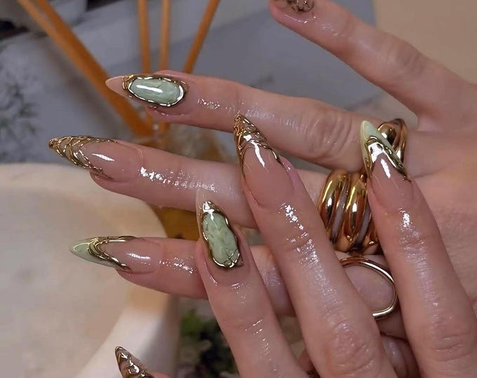 Gold Chrome Marble Press On Nails: Olive Green Stone Effect, Long Stiletto