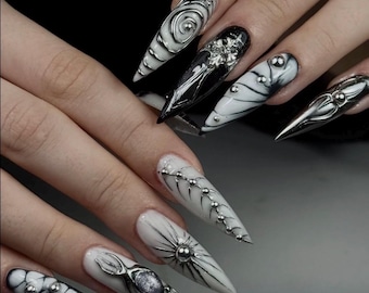 Gothic Chrome Stiletto Press On Nails, Black Silver 3D Art, Y2K Dark Aesthetic, Luxury Handmade Reusable Nail Set, Gift for Her