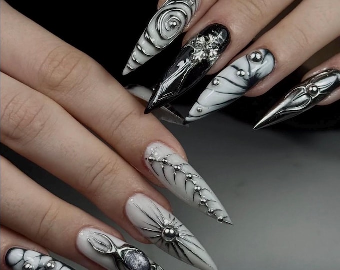 Gothic Chrome Stiletto Press On Nails, 3D Silver Art, Y2K Handmade Nail Set