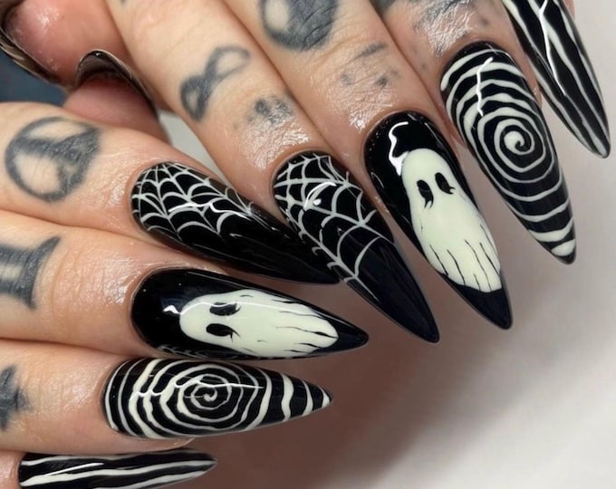 Halloween Press On Nails | Stiletto Black Ghost & Spider Web Nail Art