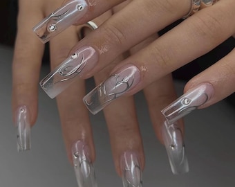Y2K Silver Metallic Long Square Clear Handmade Press On Nails