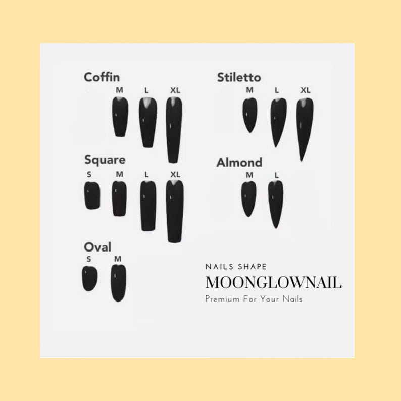 May include: A white chart displaying various black press-on nail shapes labeled Coffin, Stiletto, Square, Almond, and Oval with size indicators S, M, L, and XL. The text reads NAILS SHAPE MOONGLOWNAIL Premium For Your Nails in black lettering.
