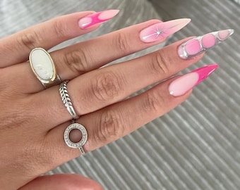 Pink Ombre Stiletto Press On Nails: Silver Handpainted Y2K Nail Art