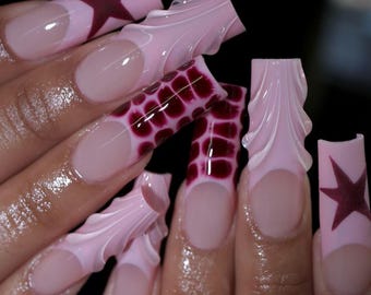 Pink Star Croc French Press On Nails Long Square Nails, Handmade 3D Swirl Burgundy Fake Nails, Y2K Baddie Nails for Birthday Party