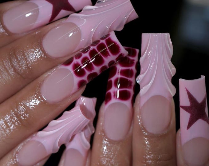 Pink Star Croc French Press On Nails Long Square Nails, Handmade 3D Swirl Burgundy Fake Nails, Y2K Baddie Nails for Birthday Party