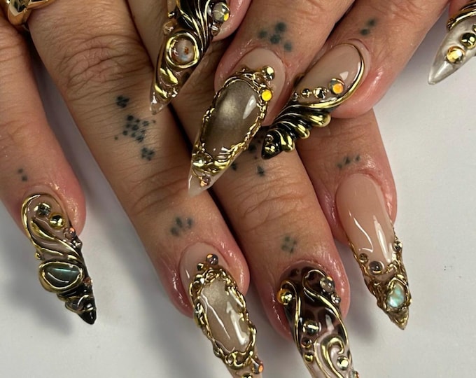 Featured listing image: Luxury 3D Metallic Press On Nails | Gothic Silver Gold Sculpted Nail Art | Handmade Designer Statement Nails, Gift for Her, Stiletto Nails