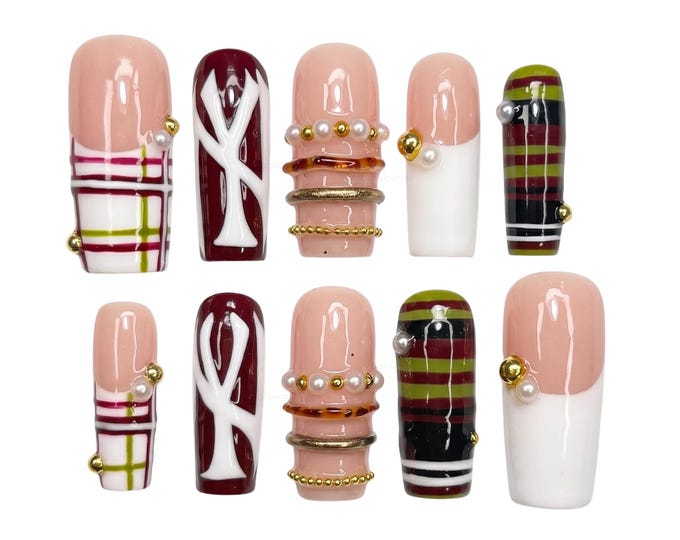 Preppy Plaid Press On Nails | Gold Pearl Charm Tortoise Coffin Shape Reusable Gel Nails