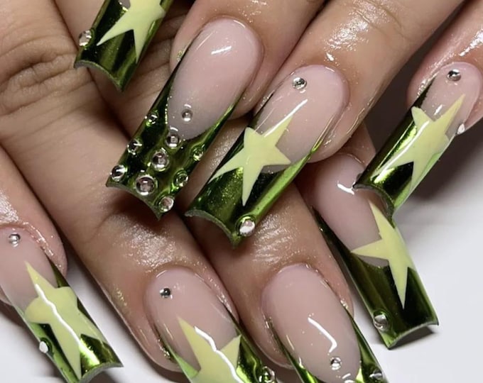 Green Chrome Star French Press On Nails Long Square Nails, Handmade Y2K Metallic Rhinestone Fake Nails, Baddie Glam Nails for Birthday Party