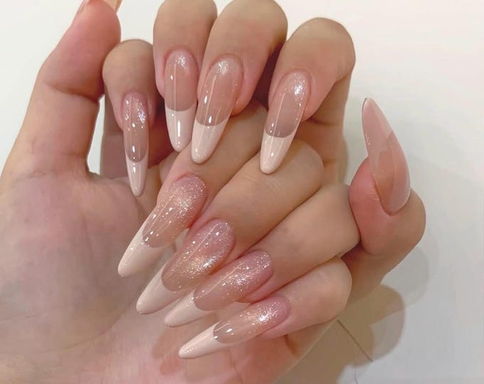 Cream French Cat Eye Press On Nails Long Almond Nails/Natural Luxury Nails/Nude Nails/Wedding Nails/Handmade Nails for Birthday, Everyday