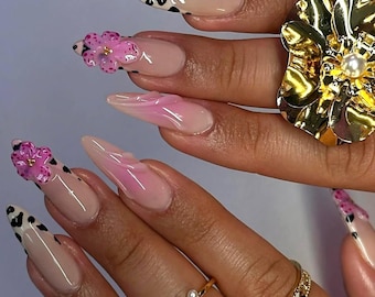 Leopard Print Press On Nails: 3D Floral Gel Art, Long Almond Purple Nails