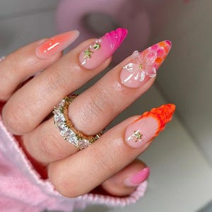 Orange & Pink 3D Gel Nails, Medium Almond Press On Nails with 3D Floral Design, Vibrant Summer Nails, Handmade Press ons, Gift for Her