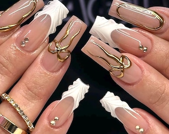 Luxury White Press On Nails: 3D Gold Ribbon, Crystal Long Square Handmade Nails