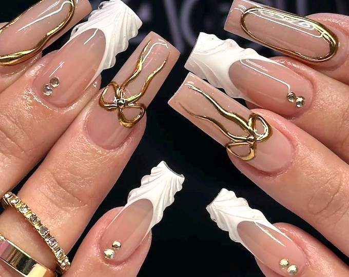 Featured listing image: Luxury White Press On Nails: 3D Gold Ribbon, Crystal Long Square Handmade Nails