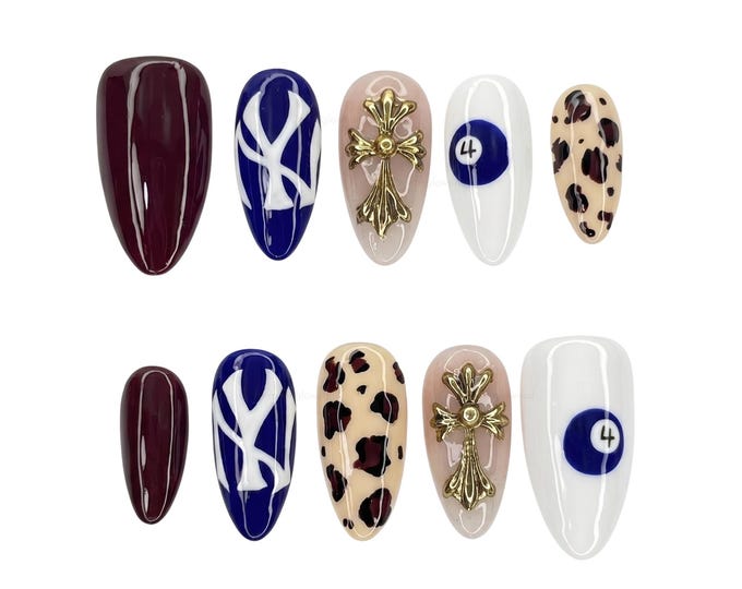 Y2K Press On Nails | 8 Ball, Leopard, Chrome Cross Streetwear Set