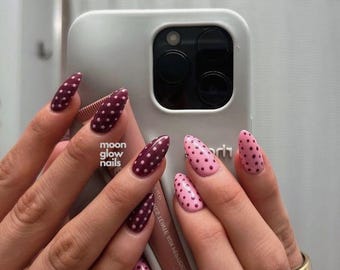 Burgundy and Pink Almond Press On Nails, Bubblegum Polka Dots, Hand Painted Wine Red Spots