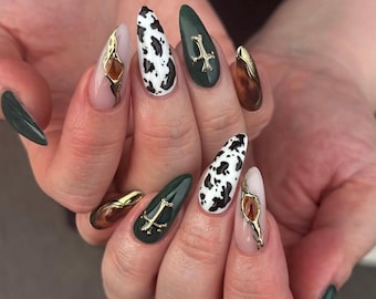 Press On Nails: Cow Print Almond Nails with Gold Chrome Cross Design