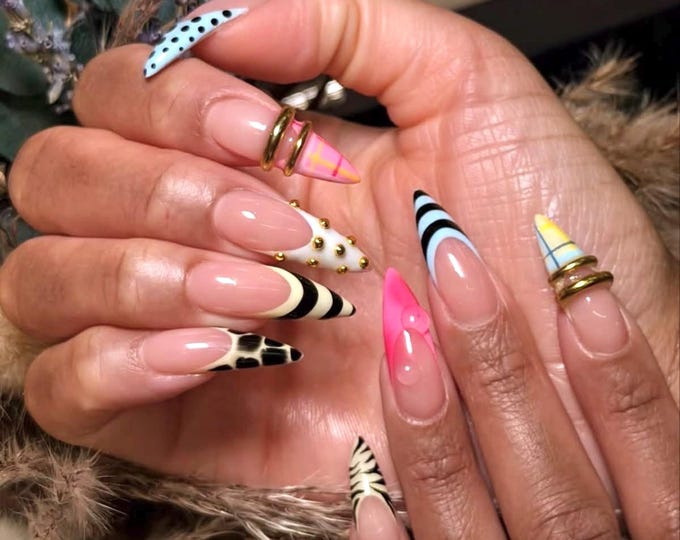 Freestyle Mismatched French Press On Nails Long Stiletto, Handmade Y2K Retro Pop Art Fake Nails, Baddie Animal Nails for Birthday Party