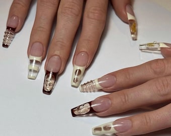 Luxury Glass French Press On Nails | Burgundy and Ivory Sculpted Nail Set | Transparent 3D Abstract Nails | Modern Handmade Nail Art