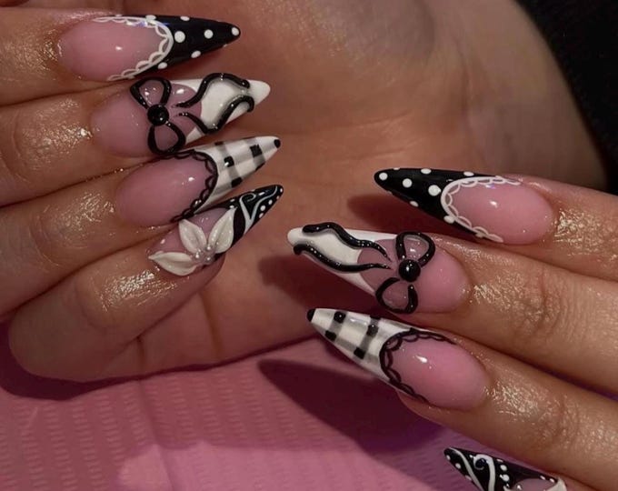 Black White Polka Dot Press On Nails, 3D Bow Flower Almond Fake Nails, Kawaii Coquette Plaid Gel Nails, Gothic Birthday Acrylic Nails