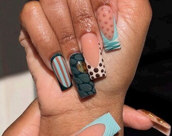 Modern Abstract Press On Nails | Mint Green & Nude Pattern Mix | 3D Texture Long Square Nail Set, Retro Artistic Handmade Nails, Acrylic Art